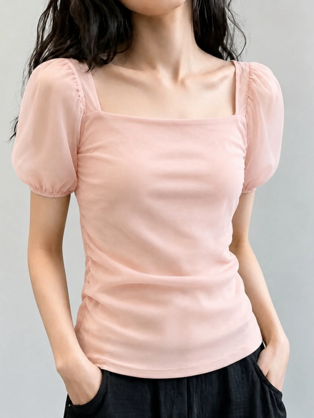 Sweet Style Slim Fit Square Collar Short Sleeve T-Shirt Bubble Sleeve Mesh Top for Summer Fashionable Versatile Ladies' Tee