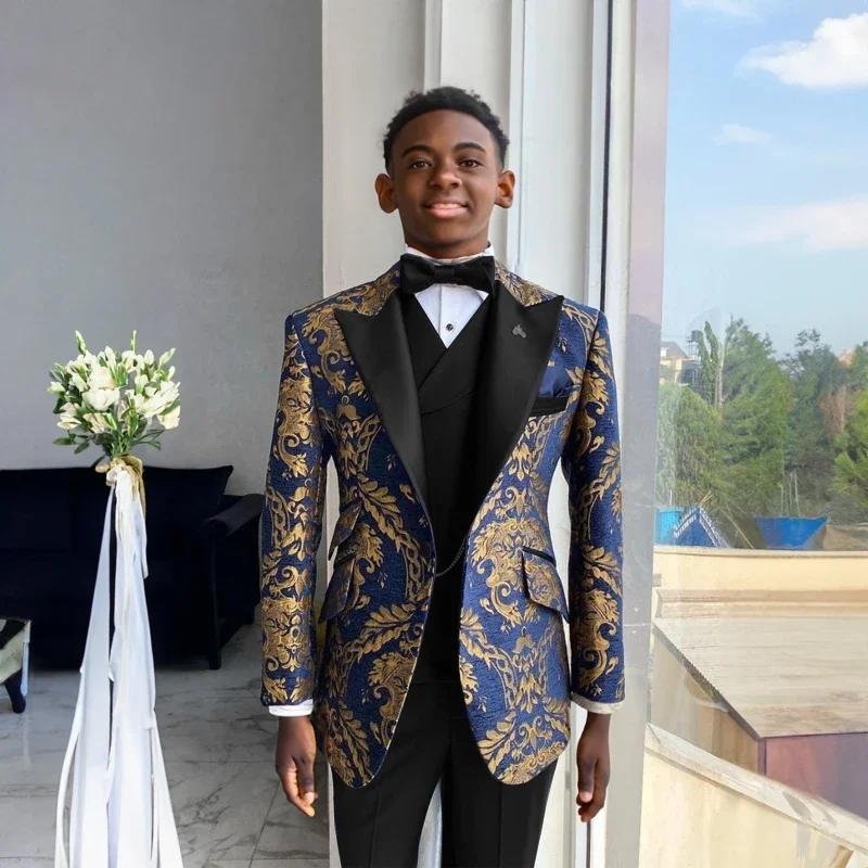 Formal Navy Blue Floral Boys Suit 3 Piece Party Wedding Tuxedo Child Jacket Pants Vest Custom Made Kids Costume 3-16 years old