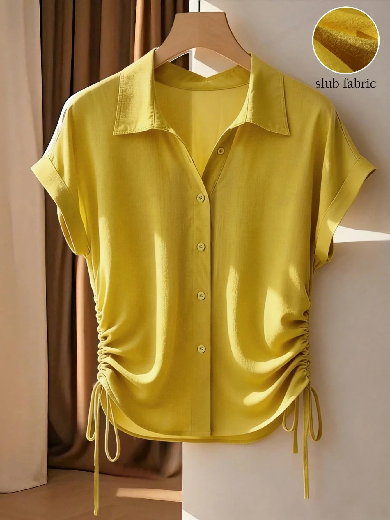 

Yellow Short Sleeve Button Up Blouse With Side Drawstrings Slub Fabric Casual Women's Top