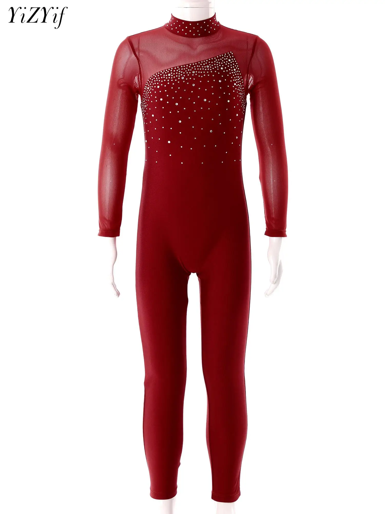 Girls Dance Unitard Long Sleeve Figure Ice Skating Jumpsuit One Piece Bodysuit Performance Full Body Gymnastic Leotard Dancewear