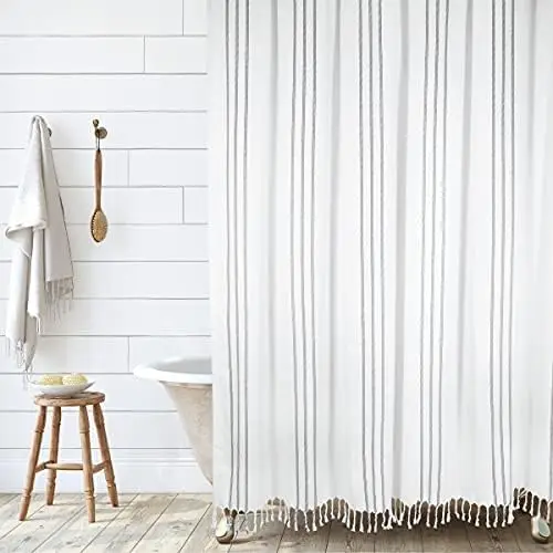 

Modern ansitional White S ipe Shower Curtain with Tassels - Vertical Black Lines S iped 100% Cotton, 72" x 84"