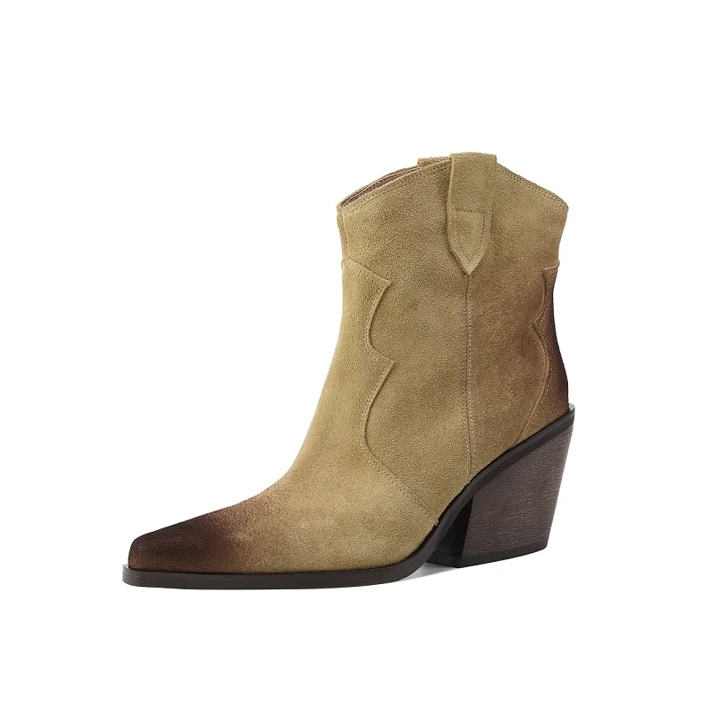 

Women Chelsea Boots for Spring Autumn Cow Suede Pointy Toe Chunky Heel Handmade Ankle Boots Winter Shoes Woman Western Botas