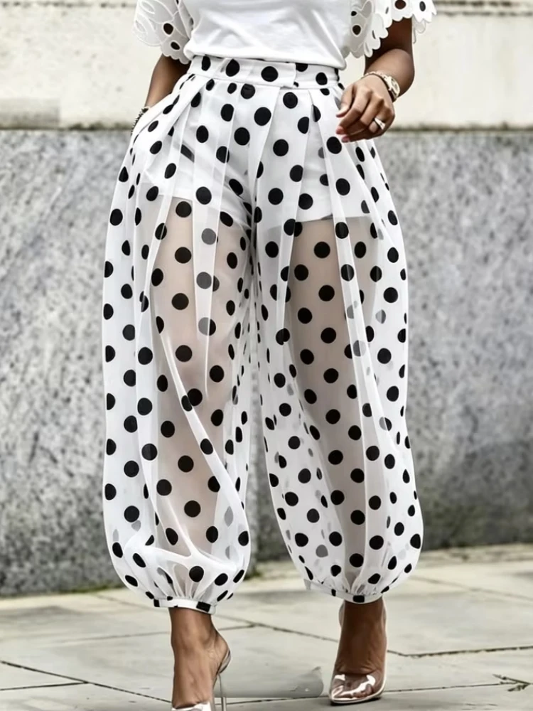 Sommerliche Polka-Dot-Netzstoffhose für Damen, hochtaillierte, plissierte, lockere Laternenhose mit Innenshorts, Strandurlaub-Haremshose – Detail 1