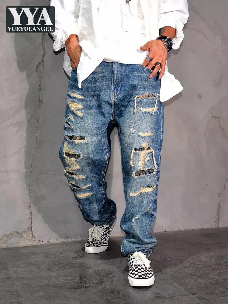 

High Street Hip Hop Ripped Distressed Blue Retro Denim Pants Loose Fit Casual Trousers Harem Pants Design Fashion Mens Jeans