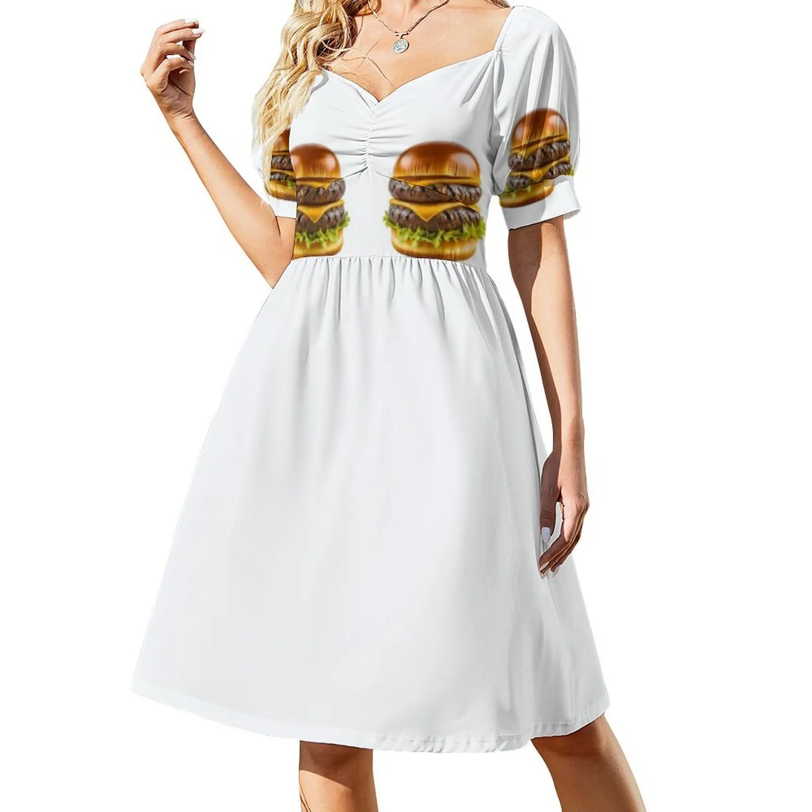 Double Layer Beef And Cheese Burger Bohemian Sleeveless Dress Multi-Print Beach Vacation Party Dress Beef Cheese Burger Food