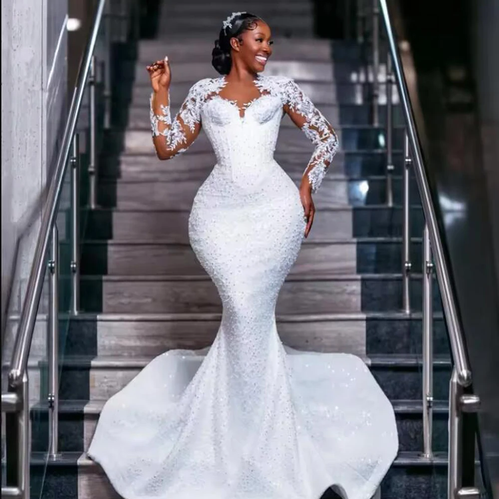 Exclusive Pearls Beading Mermaid Wedding Dresses Detacheabel Train Bride Customized Long Sleeves Lace Appliques Bridal Gowns