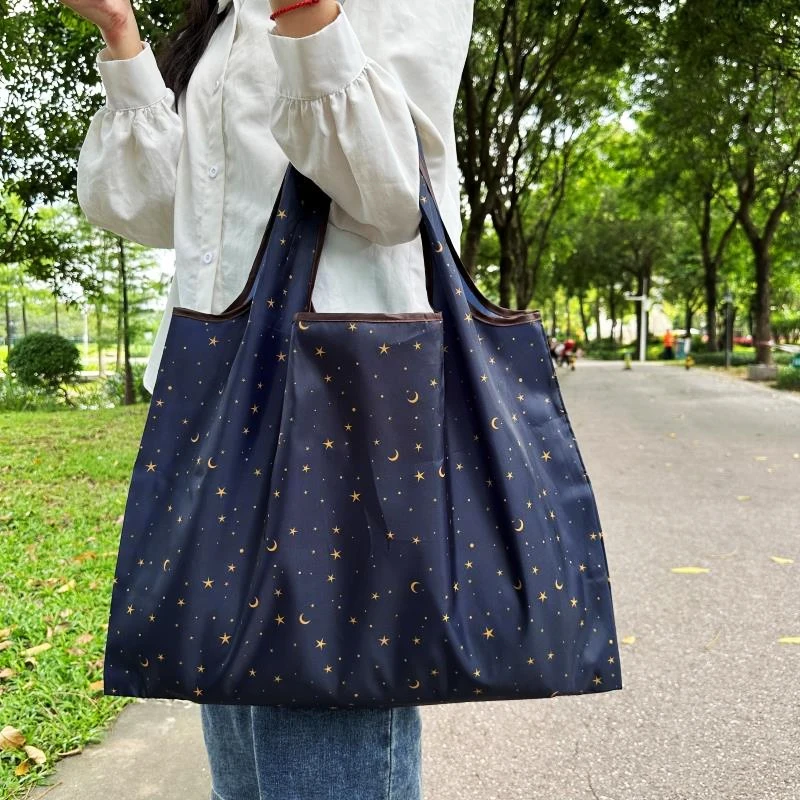 Fashion Pocket Tote Women Bag Eco-Friendly Folding Shopping Bag Reusable Portable Shoulder Handbag for Travel Supermarket