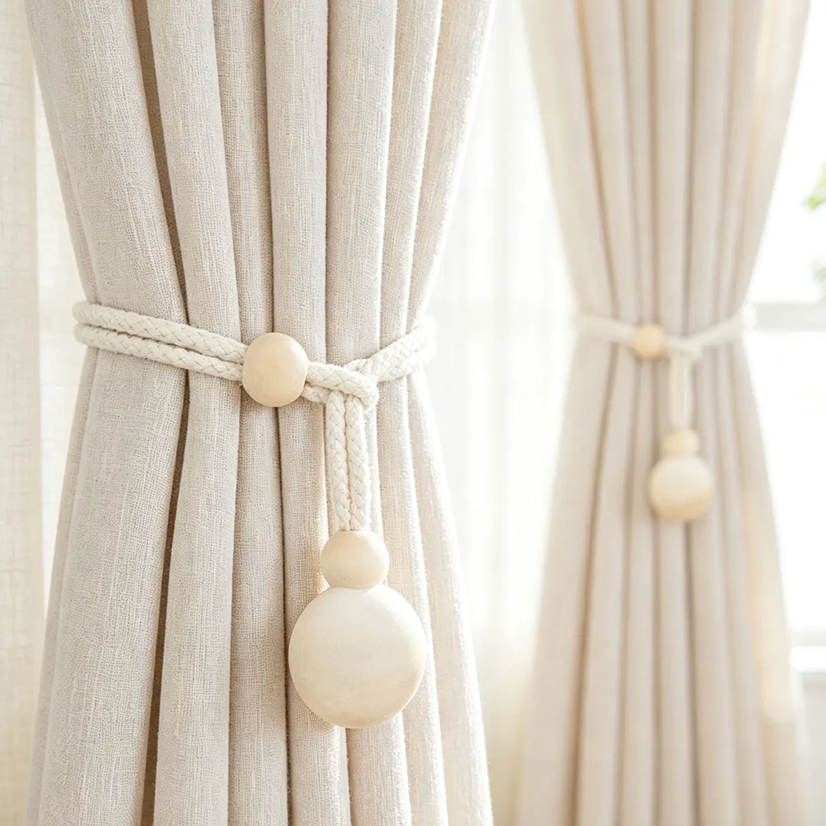 Wood Bead Curtain Tiebacks Set of 2 Braided Cotton Rope Curtain Tie Rope Minimalist Decorative Window Drape Holder