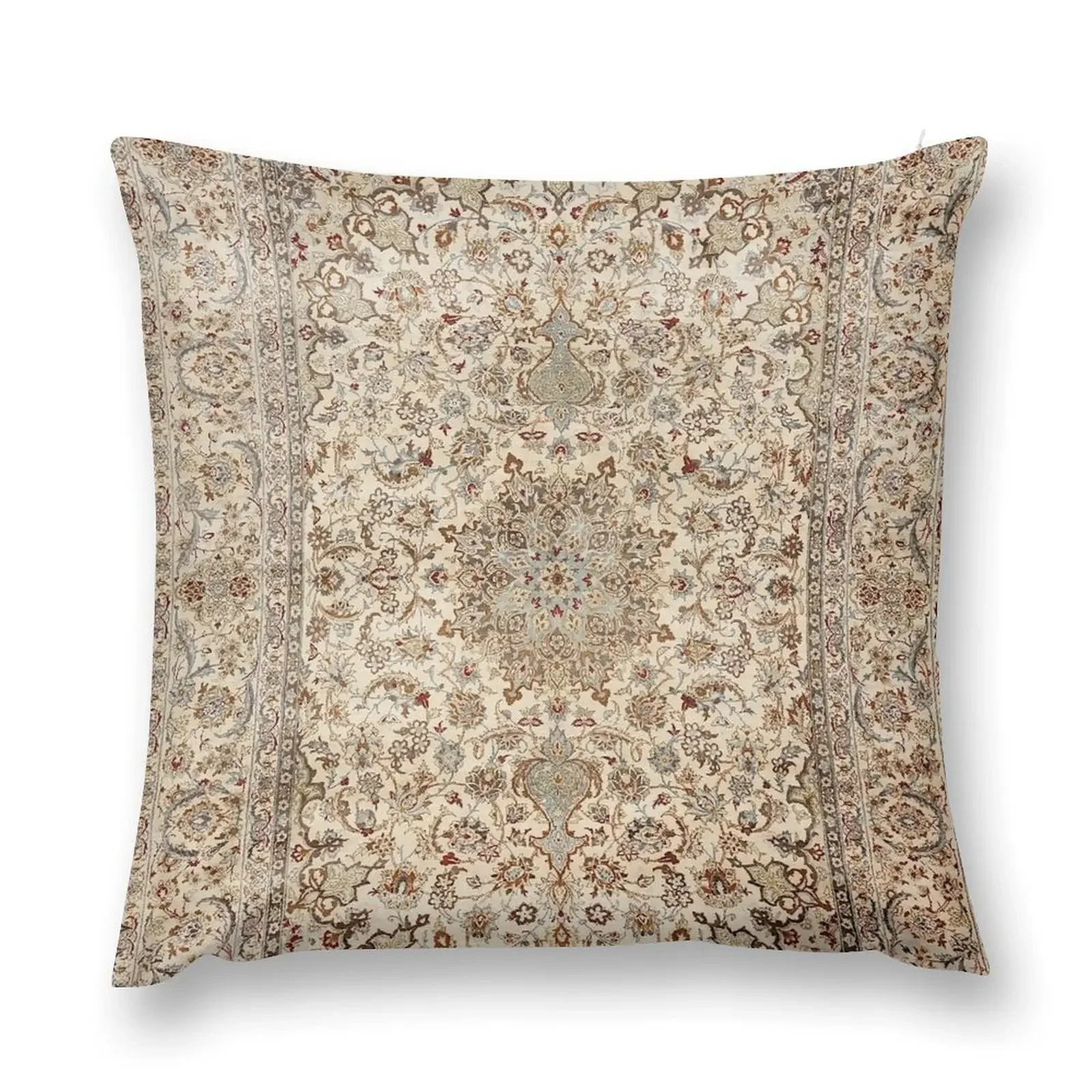 Isfahan Central Persia Old Century Authentic Colorful Dusty Blue Tan Distressed Vintage Patterns Throw Pillow