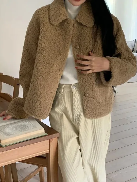 

Korean Sle Winter Faion Anti-Aging Lapel Single Button Lamb Fur ort Jaet Women's New Sle Loose Fit Simulation Material