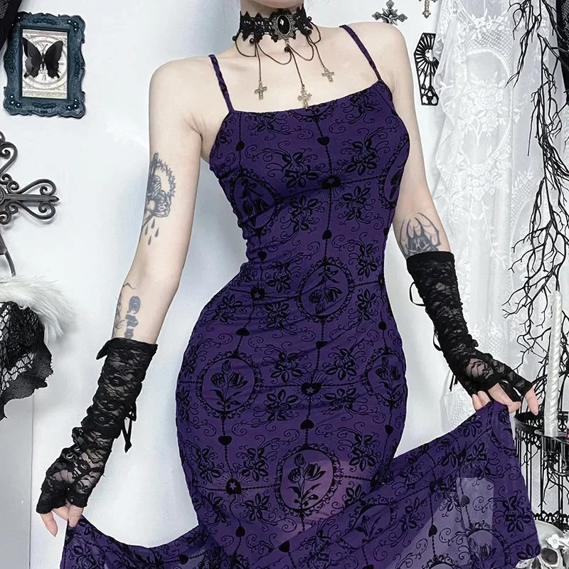 2025 New Retro Gothic Dark Cyber Y2K Print Straps Maxi Dress Women Elegant Slim Outfits Sexy Mesh Sheer Hem Split Party Dresses