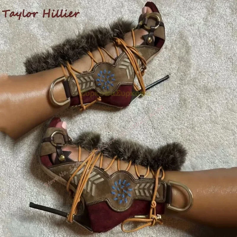 Summer Plush Open Toe Sandals Designer Embroidery Lace-Up High Heel Sandals Fashion Sexy Cowhide Rear Zipper Women\'S Runway Boot