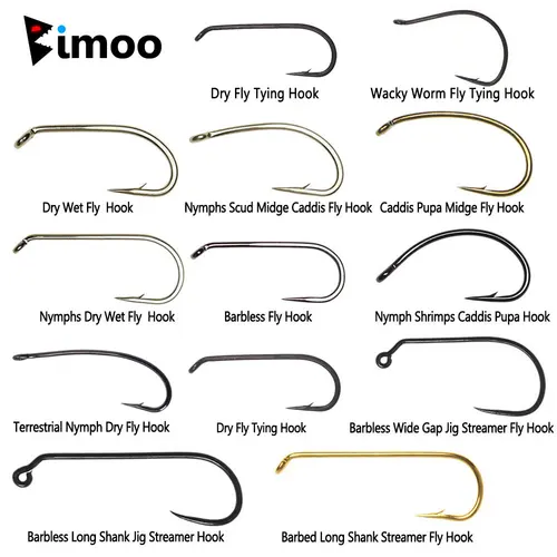 Bimoo 100PCS 1 # ~22 # Anzuelo para atar moscas de acero con alto contenido de carbono, púas y sin púas, Ninfa húmeda seca, Pupae Caddis Streamer, anzuelo de pesca para moscas