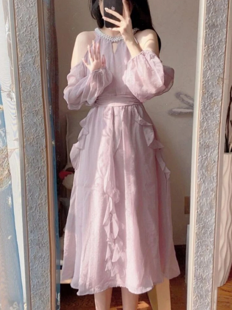 Women Elegant Long Dress Cold Shoulder Lantern Sleeve Ruffle Trim Slim Fit Suit French Style Fairycore Spring Summer Outfit 2025