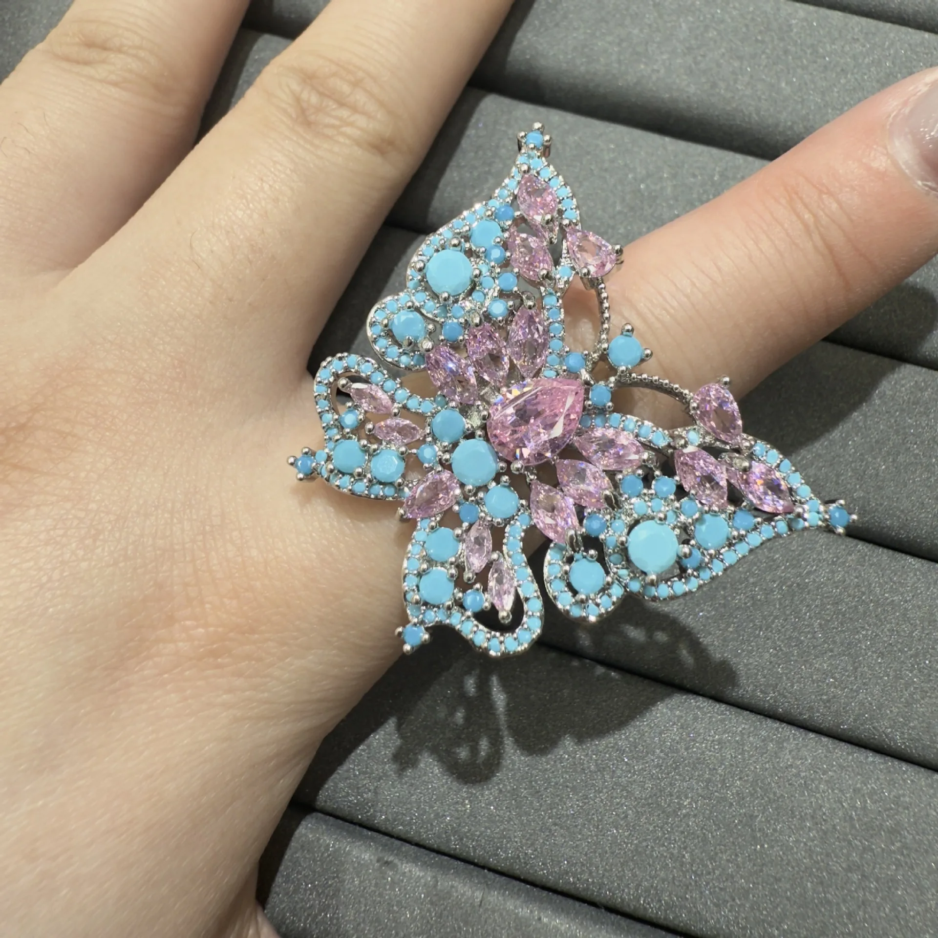 

fashion cubic zirconia ring for women jewelry unique multicolor butterfly adjustable ring blue fushia pink yellow cute shiny