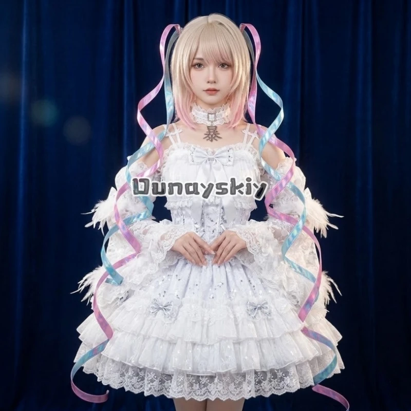 Disfraz de Cosplay Completo KAngel Angel Devil Rain del Juego NEEDY GIRL OVERDOSE, Vestido Lolita Blanco con Peluca, Disfraces de Halloween