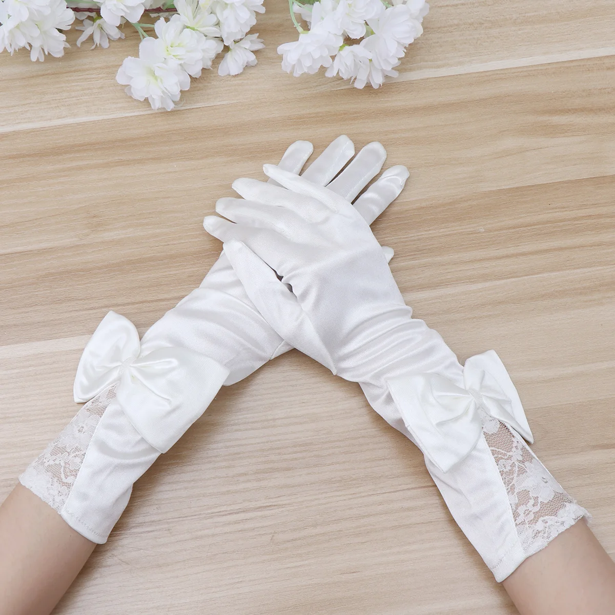 1 زوج فستان قفازات الزفاف الدانتيل شبكة صيد السمك المرأة عقدة من الساتان أنيقة قفازات حفلات الزفاف للعروس حفلة موسيقية أوبرا الباليه المرحلة الحدث