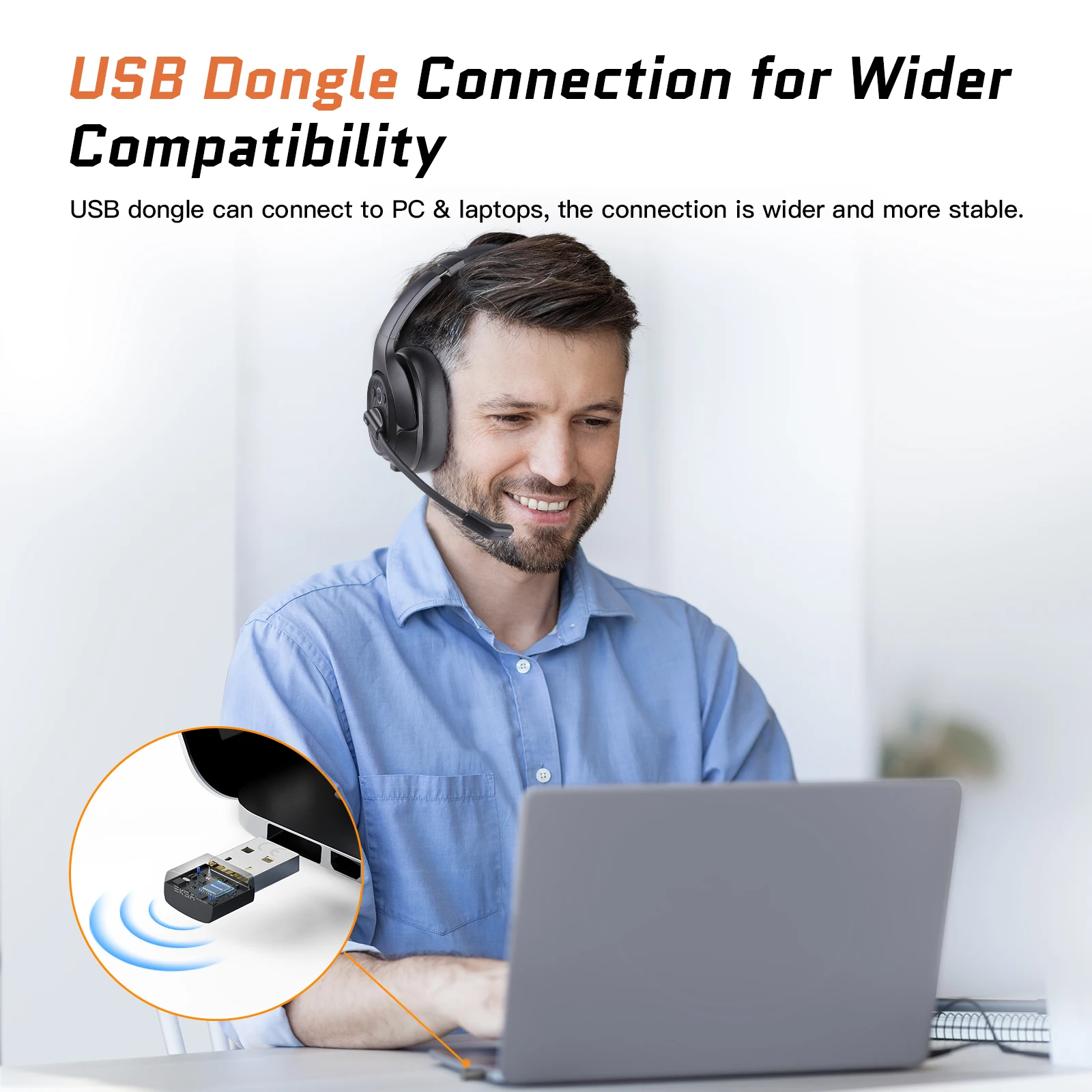 EKSA Wireless Headphones, Bluetooth 5.0 Headset, ENC Microphone, 30H Playtime, For Office/Call Center, with USB Dongle(Optional)