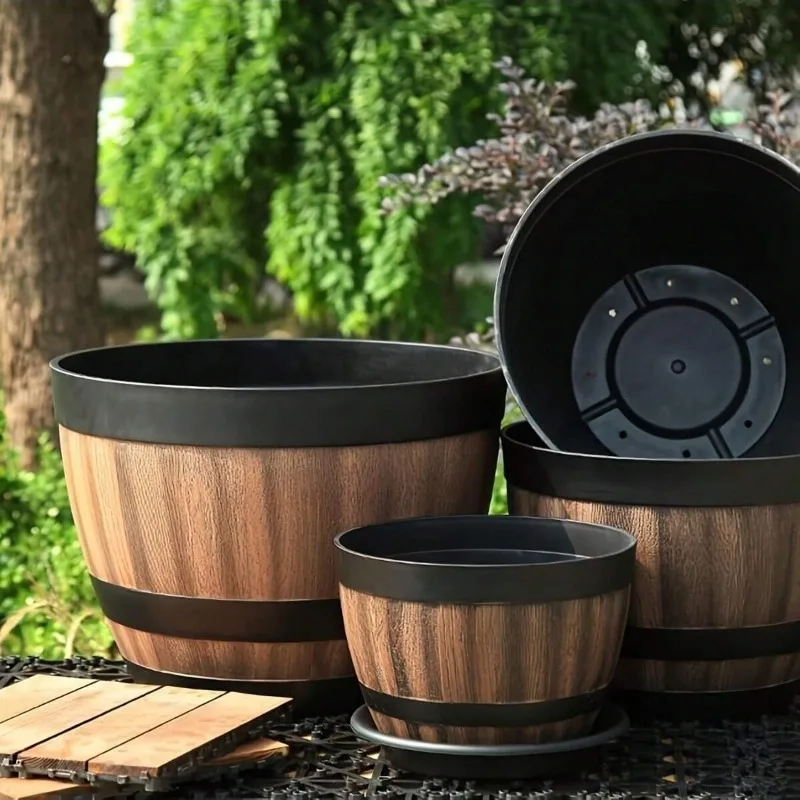 Juego de macetas de resina estilo barril de whisky vintage - Macetas redondas para plantas de interior y exterior con orificio de drenaje y platillo a juego