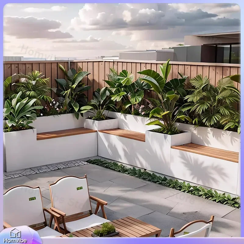 Outdoor Flower Box Bench with Seat Stainless Steel Anticorrosive Wood Planter Garden Furniture Square Fence Seating Combo