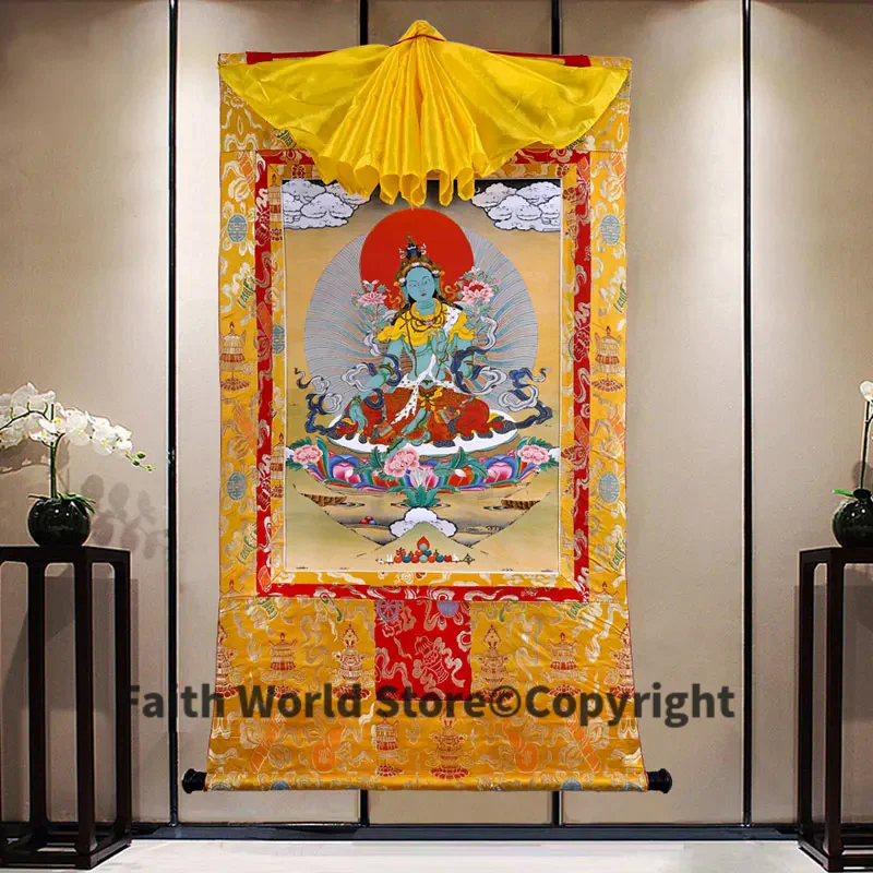 Wholesale Buddhist products Tibetan 120cm Thang-ga Thangka HOME temple blese safe health Green Tara guanyin Buddha painting