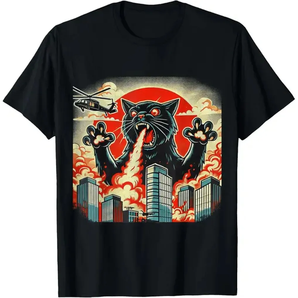 Men's Catzilla Graphic Tee - Funny Japanese Art Print, 100% Cotton Soft Fabric, Casual Relaxed Fit Crew Neck with Fitted Option, Round Neck