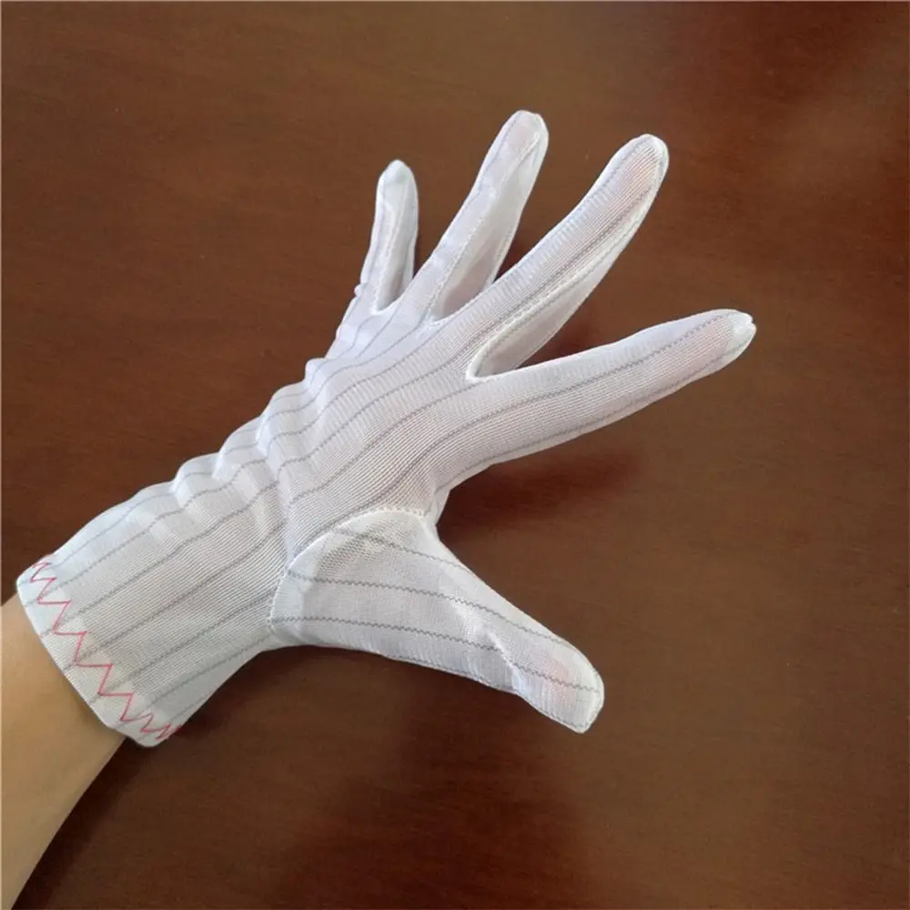 White Anti-static Gloves Nylon Double Sided Stripes Working Gloves Non-slip Dust-proof Safety Work Gloves Electronics Factory