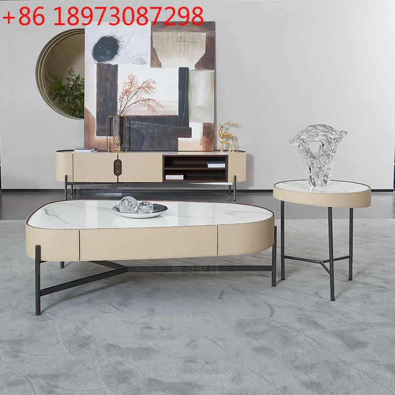 

Итальянский современный простой седельный кожаный журнальный столик из шифера для гостиной, небольшой квартиры, журнальный столик специальной формы