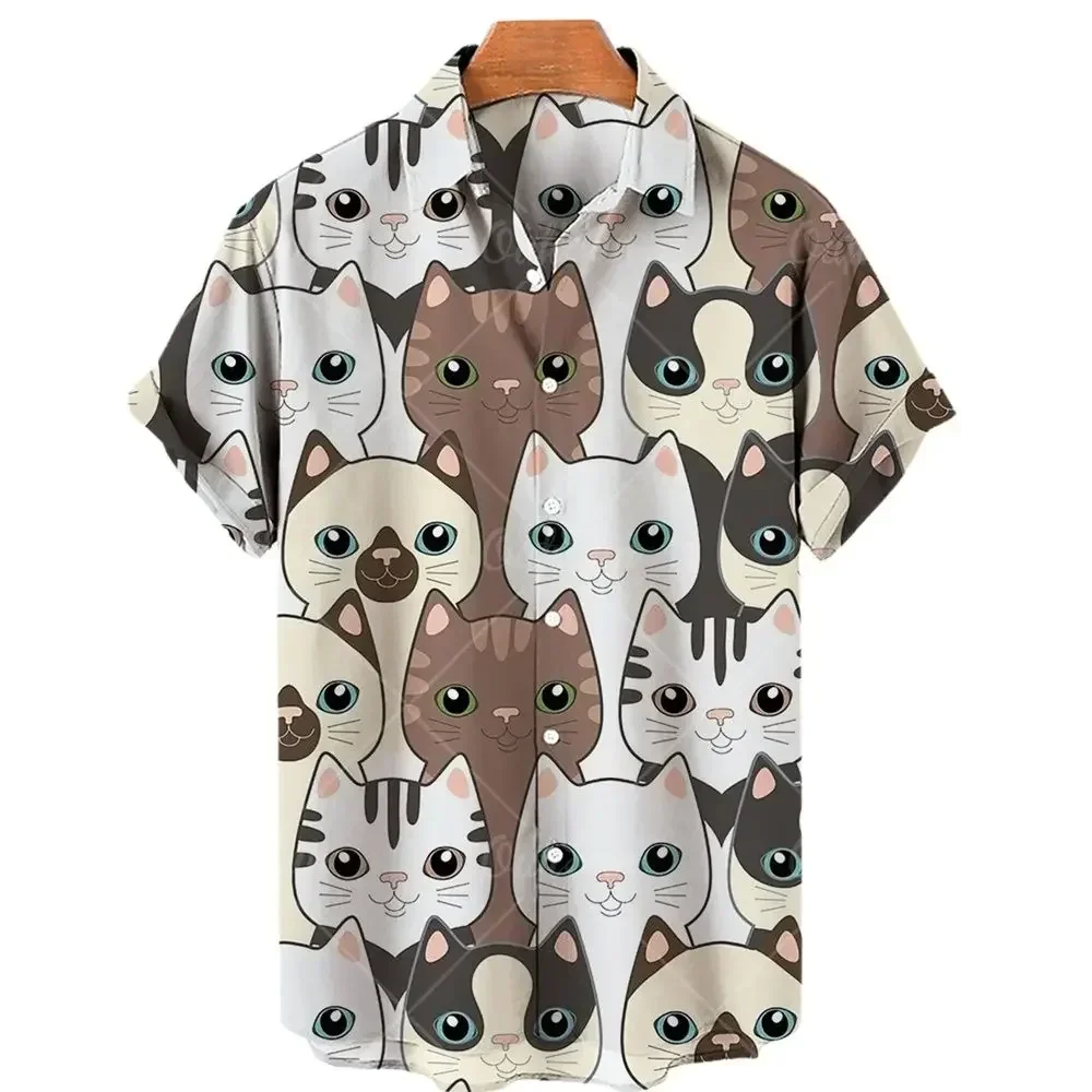 Hawaiian men's and women's short sleeved shirt, cartoon style 3D printed shirt, kitten pattern, summer, 2024