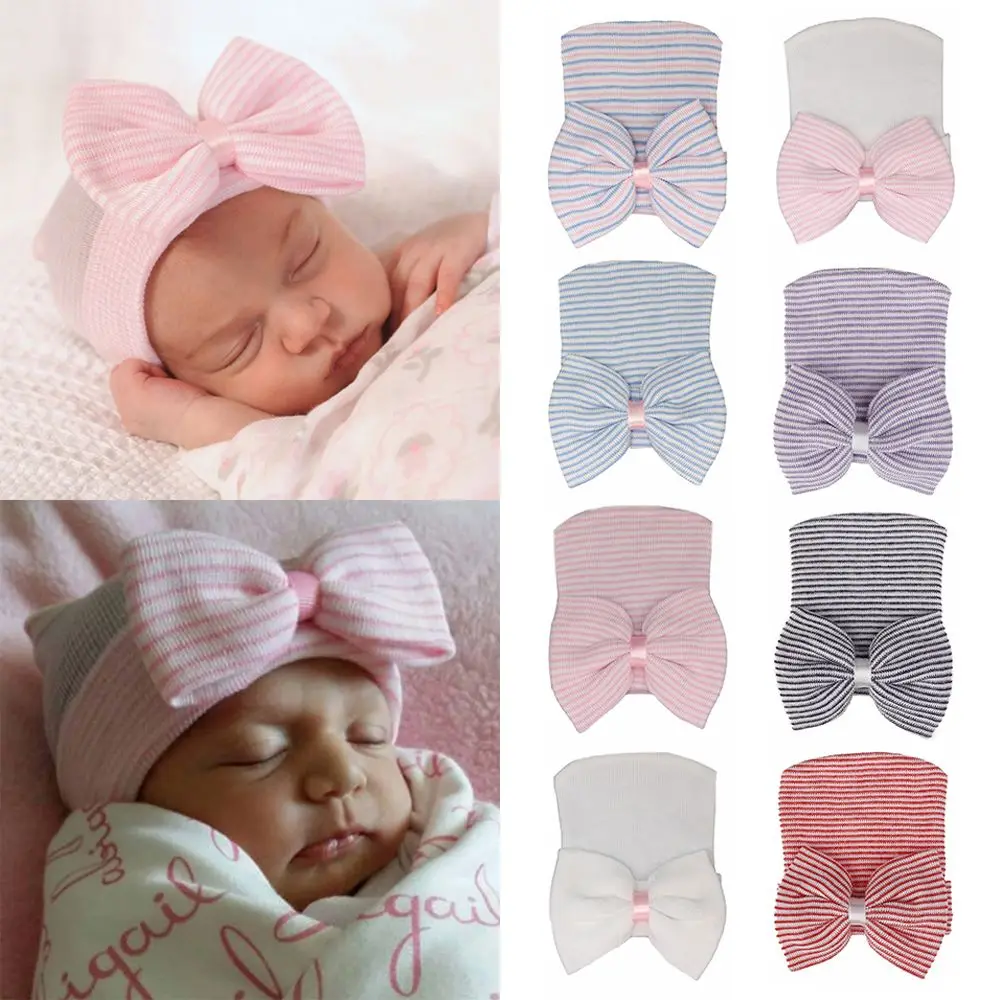 

New Stripe Infant Hat Soft Turban Hats Newborn Hospital Hat Cap with Bow Nursery Beanie Baby Hats