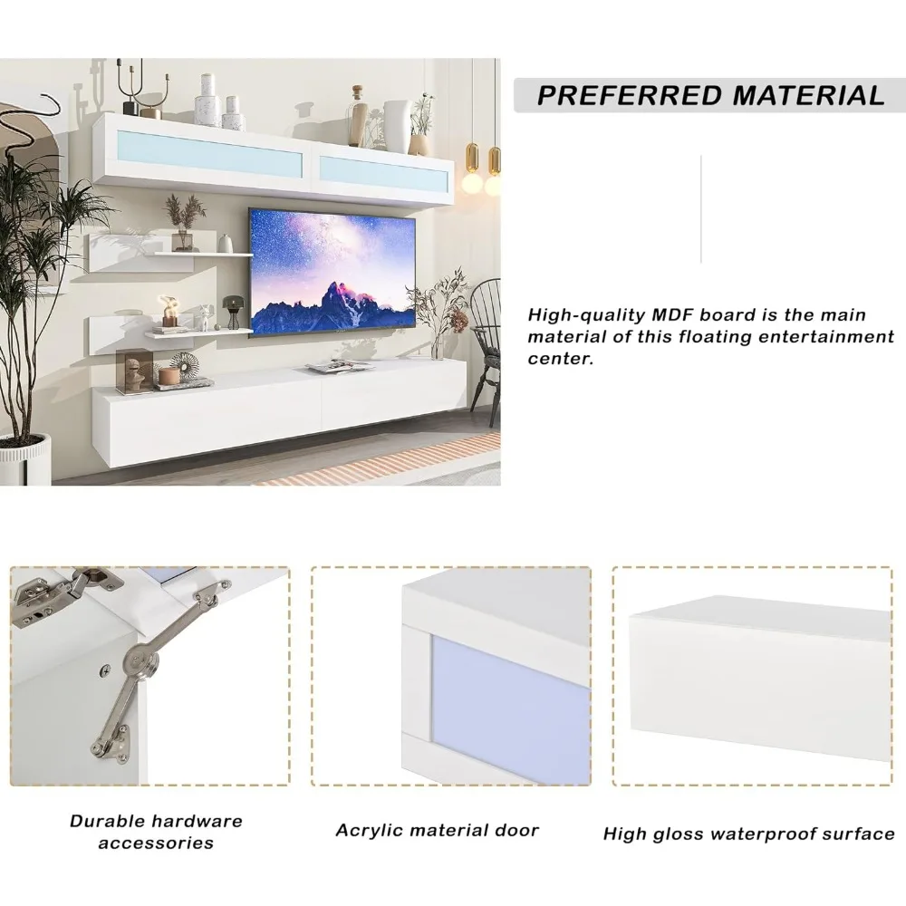 Soporte de TV flotante de montaje en pared con cuatro armarios de almacenamiento multimedia y dos estantes, televisión de más de 95 pulgadas, luces LED RGB de 16 colores