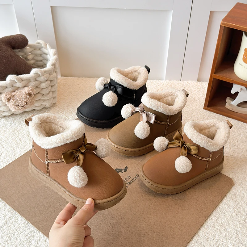 

Girls Princess Ankle Boots Cute Sweet Bows Kids Thermal Boots Suede Comfortable 2025 Winter New Children Warm Boots Soft Sole