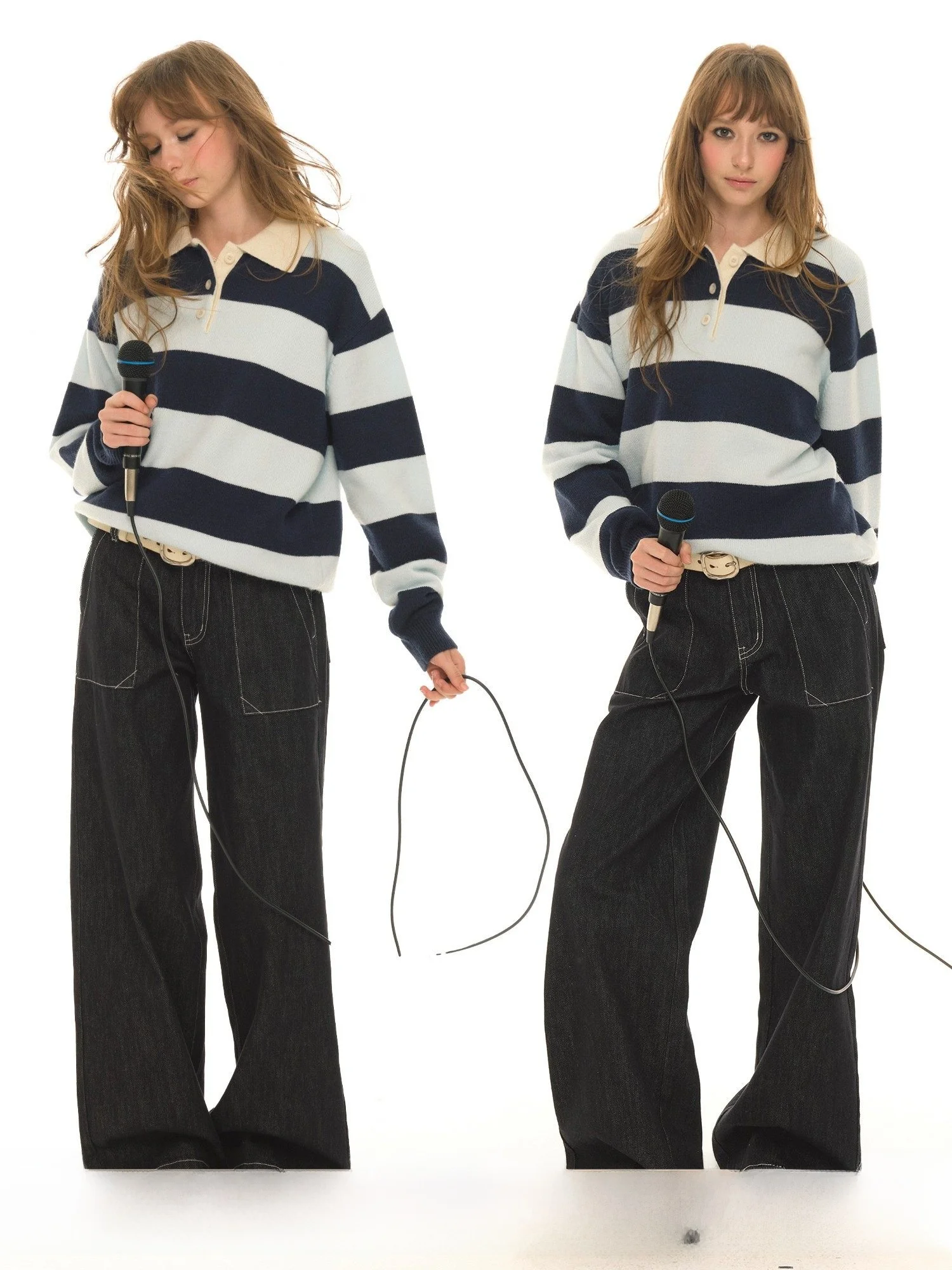 

UNRETRO Women's Vintage Mixed Wool Ne Striped Sweater Loose Fit Knitted Spring College Sle Long Sve Thermal Top