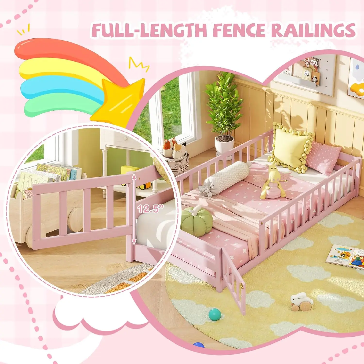 Lit double pour enfants avec garde-corps de sécurité, aucun sommier tapissier nécessaire, rose