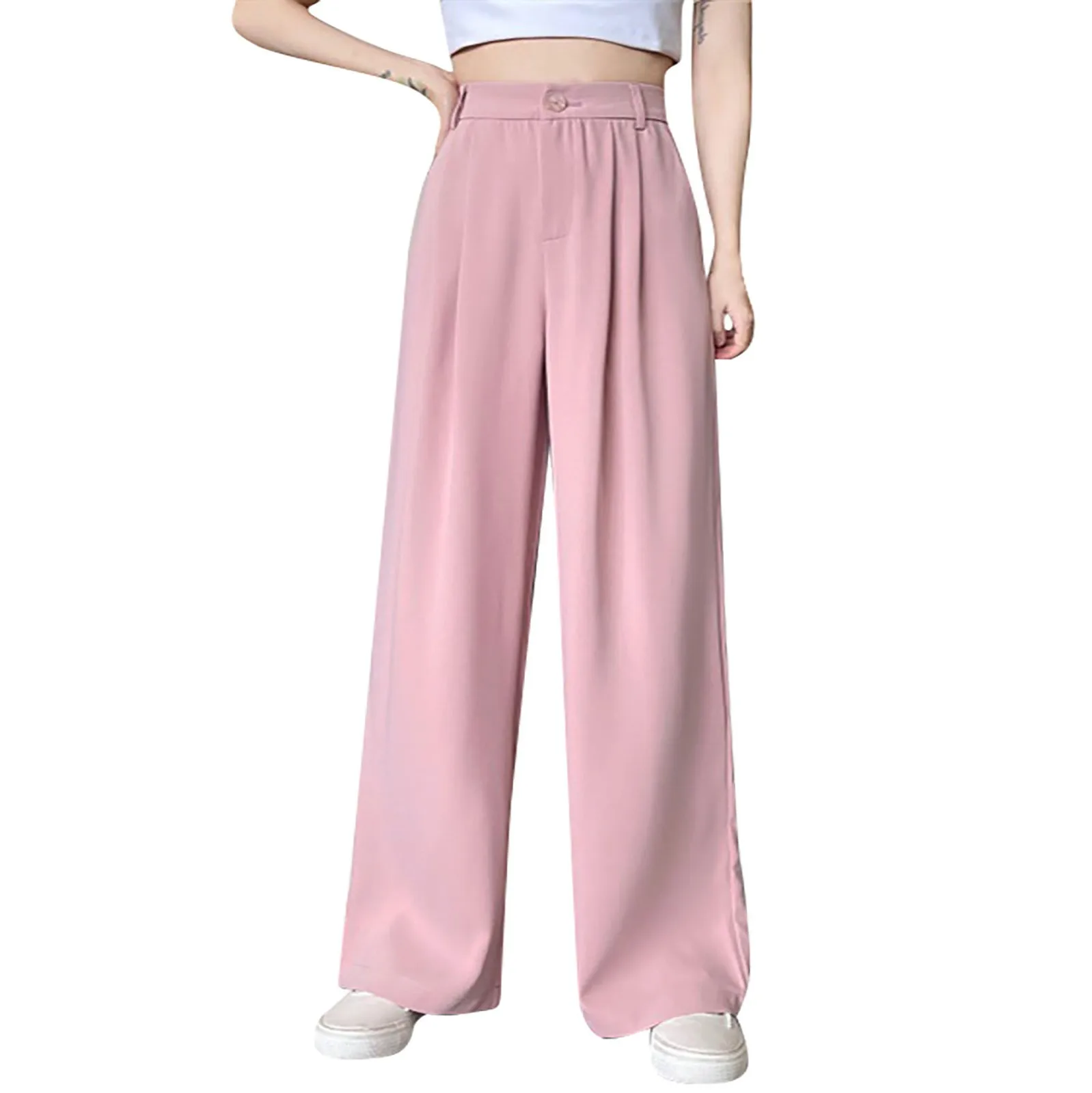 Solid Color High Waist Casual All-match Spring And Summer Daily Basic Commuting Suit Fabric Wide-leg Straight Pants For Ladies