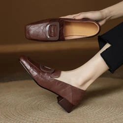 Chunky Women Leather Shoes Square Toe Dress Office Loafers Shoes Woman Trend Designer New Elegant Heels Shoes Female Pumps