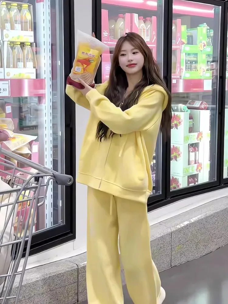 

Осенне-зимний повседневный комплект: свободная толстовка и брюки с высокой талией для женщин, корейский стиль, люкс, антивозрастной эффект