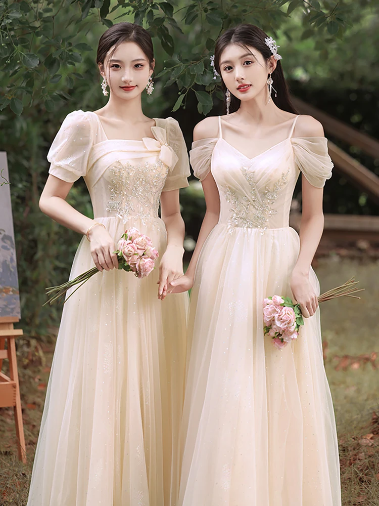 

Formal Elegant Evening Dress Women Banquet Cocktail Gown French Style Champagne Tulle Bridesmaid Dresses Guest Wedding Party