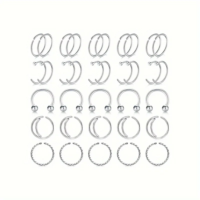 35pcs 16G 20G Nose Rings Hoops Stainless Steel Double Nose Ring Simple Classic Nose Piercing Jewelry For Women Men 6/8/10/12mm
