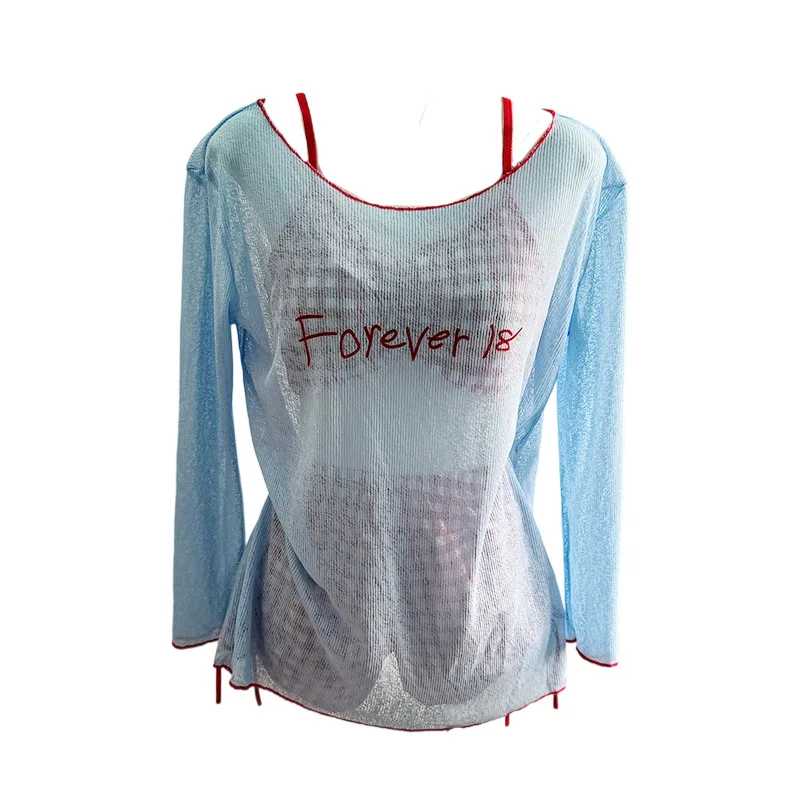 Women's Bikini Set  Blue Mesh Letter Print Long Sleeve Cover Up Red Gingham Drawstring Shorts Summer Beach Bathing Suit Swimwear view 6