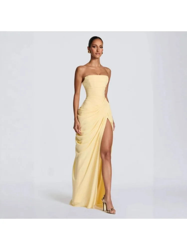 FL Vrouwen Sexy Solid Geplooide Strapless Jurk Lady Chic Off-shoulder Backless Hoge Taille Split Jurken 2026 Nieuwe Avond Party Gown - afbeelding 2
