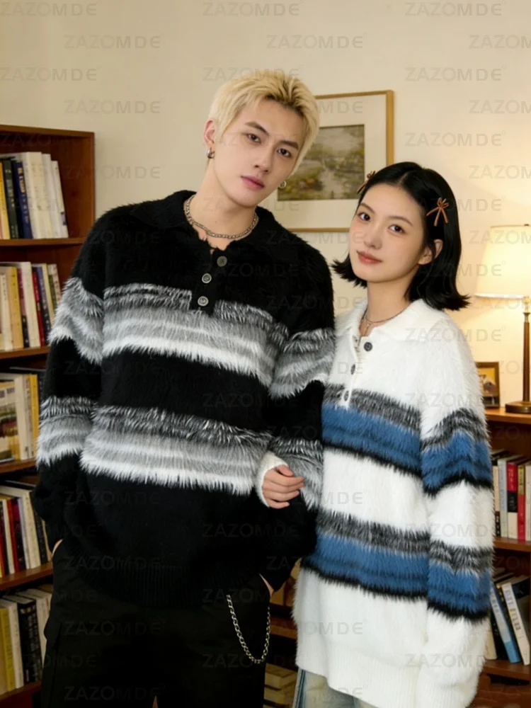 ZAZOMDE 2025 سترة متماسكة حديثة للجنسين برقبة على شكل V مع نمط شريطي هندسي متباين وتصميم مذهل للديكور البسيط