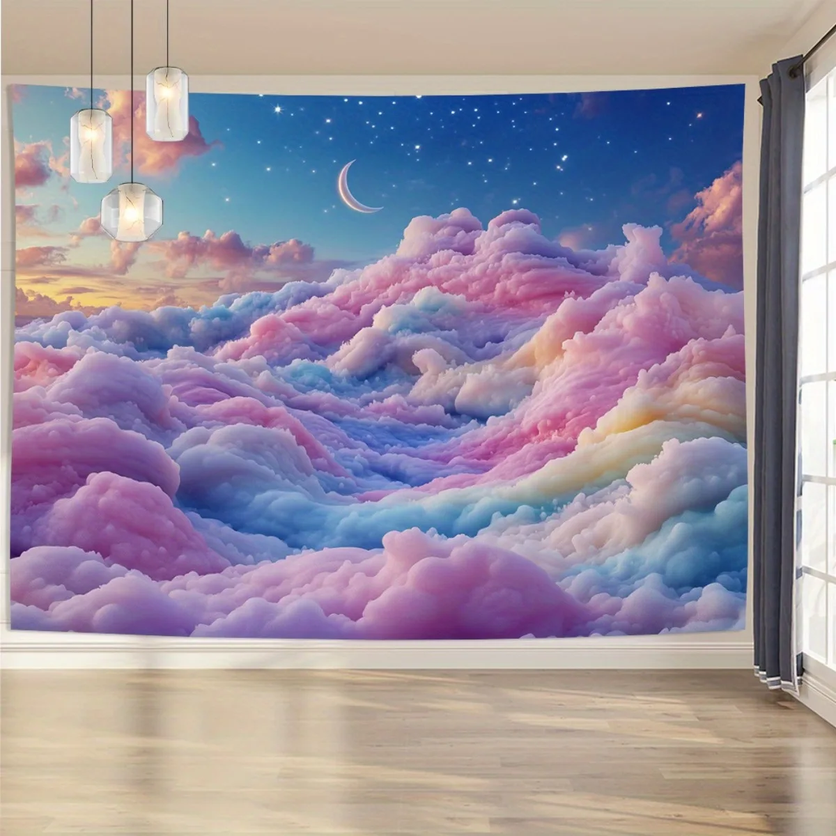 Rainbow Cloud Tapestry Pastel Fluffy Clouds Starry Crescent Moon Wall Hanging,Fantasy Sky Landscape Tapestry Room Photo Backdrop