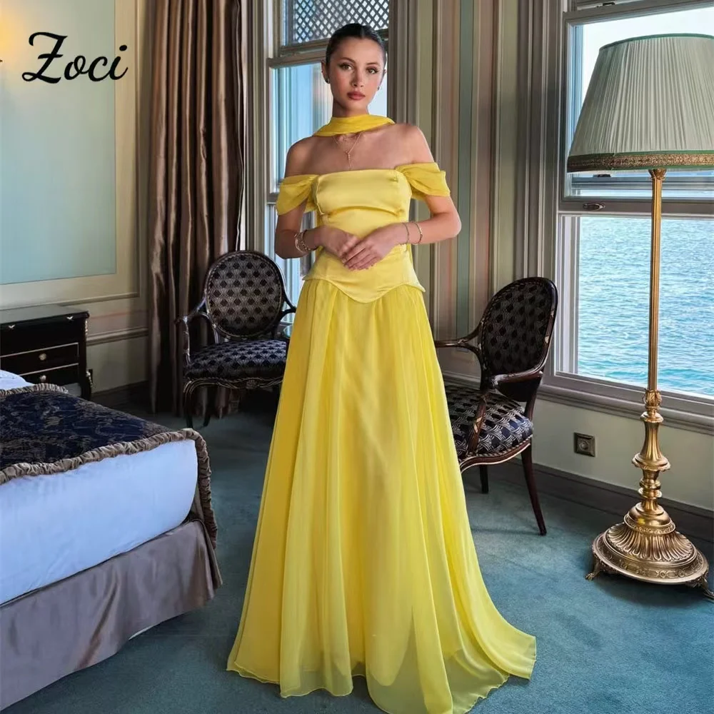 

Zoci Yellow Satin Chiffon Evening Dresses Customized Women's Formal Prom Dress Off Shoulder Saudi Arabic Long Birthday Dress