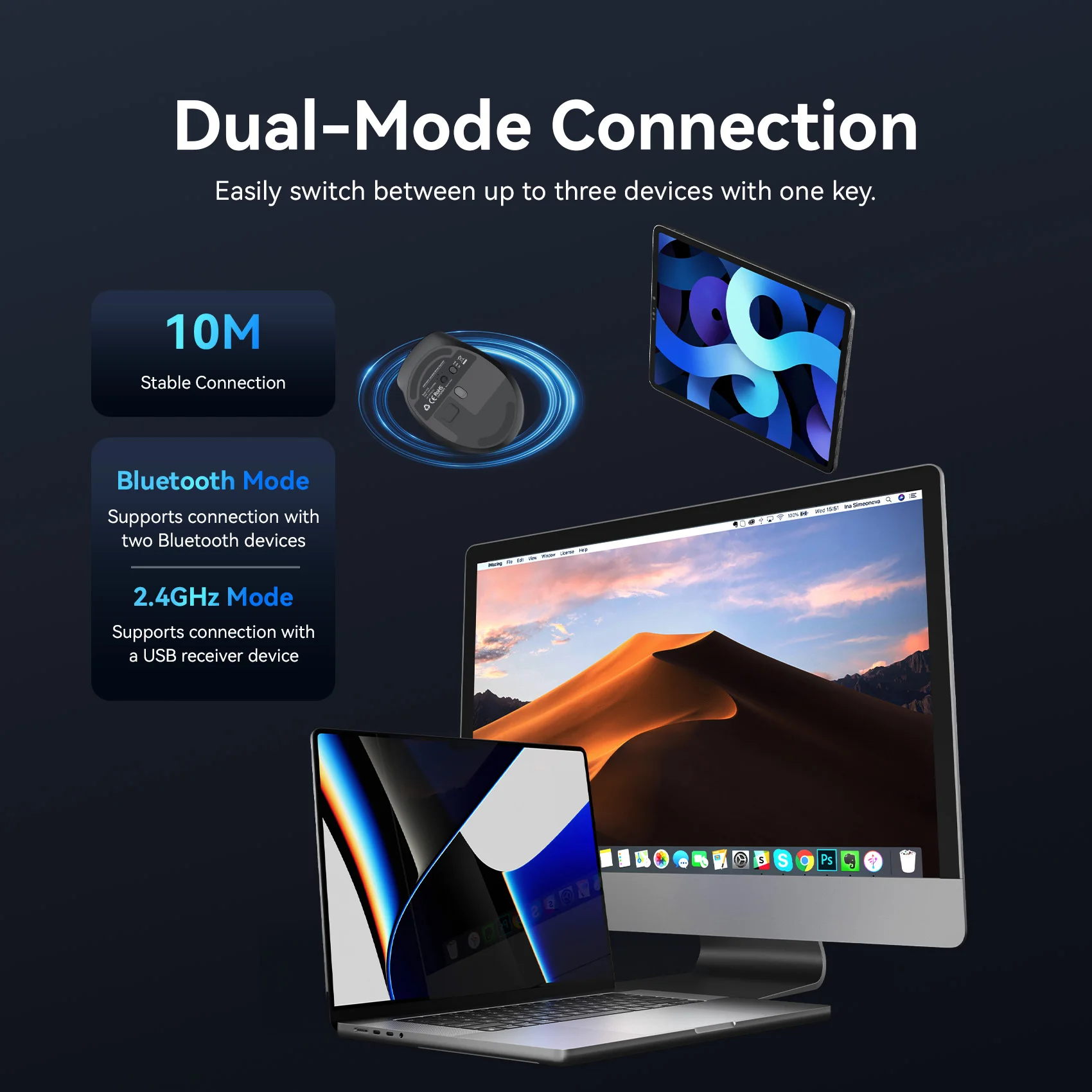 Vention Wireless Bluetooth 5.1 Mouse USB 2.4G Dual-Mode Ergonomic 4000 DPI Mute 6 Button Mouse for MacBook Tablet Laptop PC Mice image 3