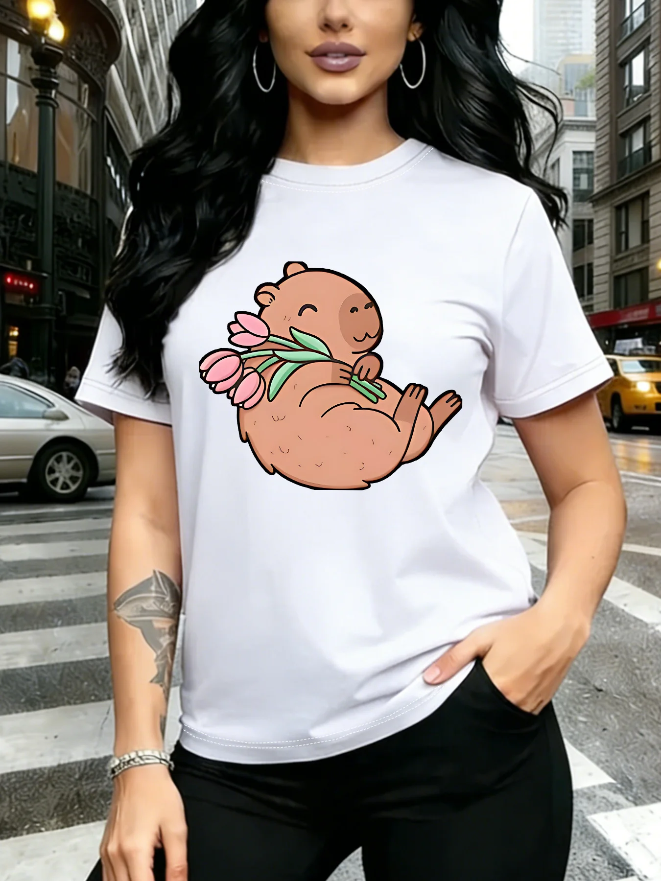 Cute Cartoon Capybara Holding Pink Tulip Flowers Kawaii Art Print Graphic Ladies T Shirt Short Sleeve Crew Neck Casual Tee Tops