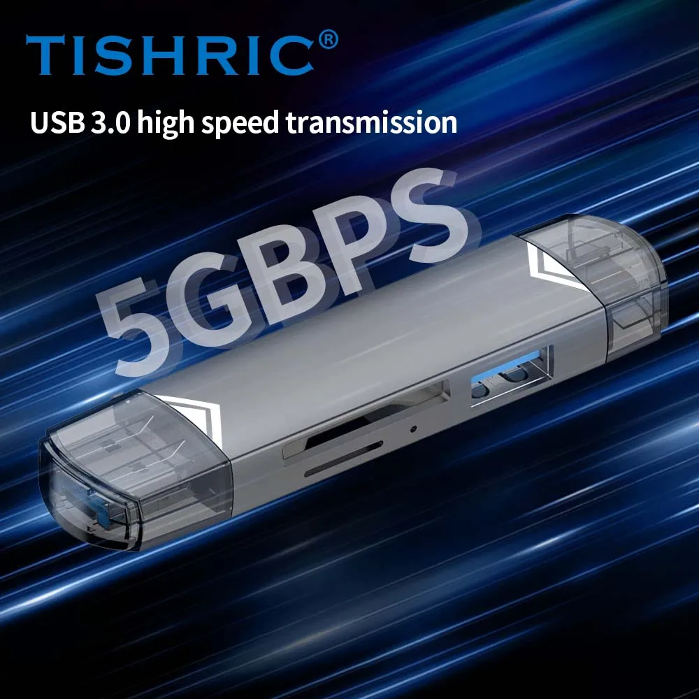 TISHRIC 6 In 1 Card Reader External U Disk TF Card SD Card Keyboard Mouse USB Type-C Interface Aluminium Alloy Card Adapter