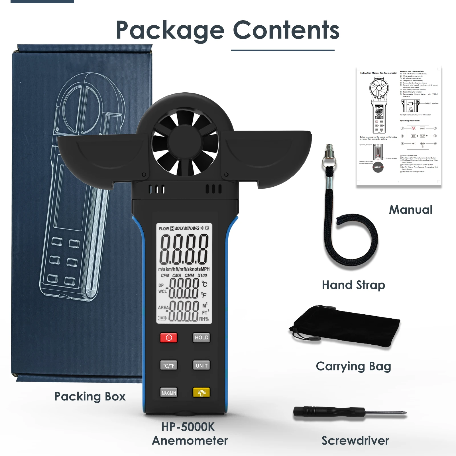 q-5000K q Anemometer Handheld Wind Meter with Rotatable Detector and LCD Display Including Vane Cover