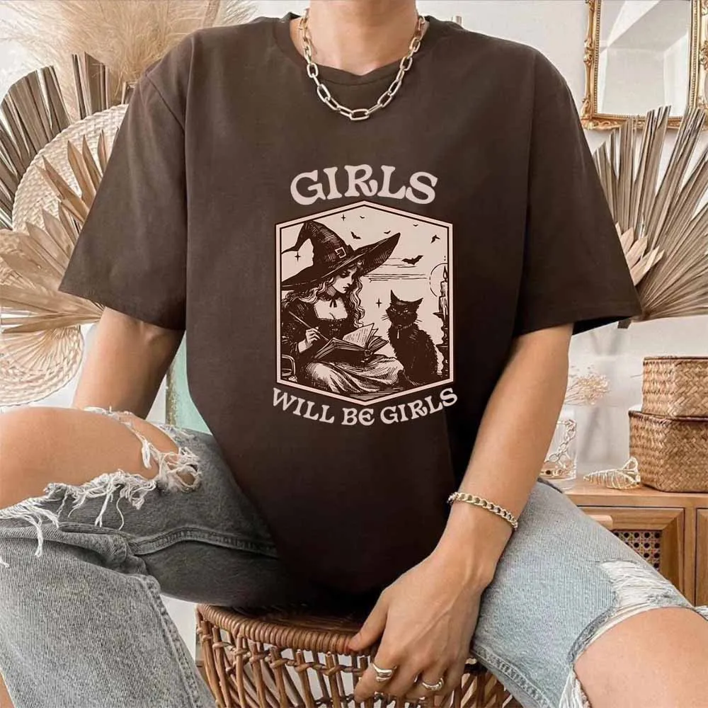 Girls Will Be Girls Witch Shirt Vintage Witch Shirt Halloween Black Cat Gothic Tee Aesthetic Y2k Tshirt Women Spooky Witchy Tops