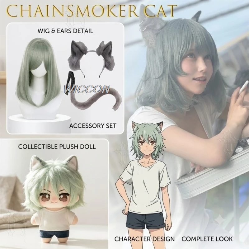 Chainsmoker Cat Plush Cotton Doll Satou Yuko Yani Neko Anime Merch Soft Wig And Beast Ear Accessories For Cosplay Halloween cos% view 2